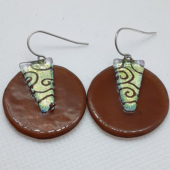 Root Beer Colored Dichroic Glass French Wire Earring Tops Marked 925 Sterling - Picture 9 of 10